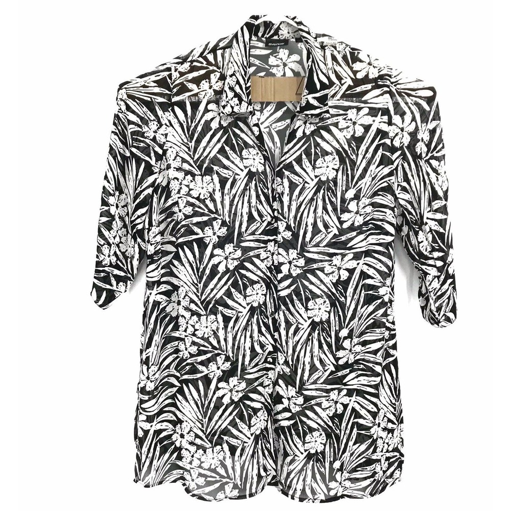 Avenue Women's Black White Collared 3/4 Sleeve Floral Sheer Blouse - Size 22/24
